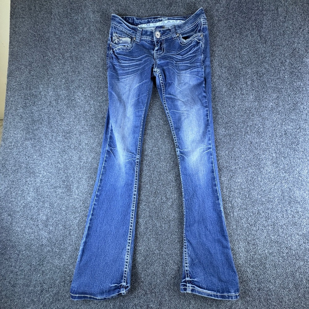 Amethyst Jeans Womens 3 Blue Flare Leg Low Rise Embroidered Pocket Y2K Med Wash